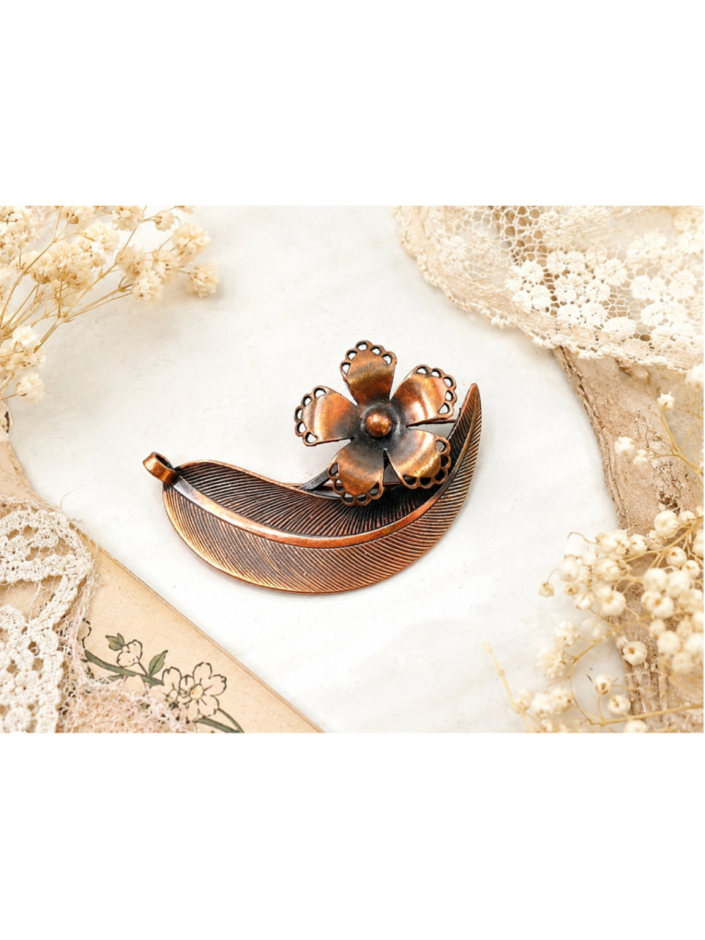 Vintage Mid-Century Copper Flower & Leaf Brooch Pendant | Modernist Floral Pin
